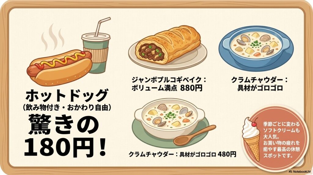 ホットドッグやプルコギベイクなど、フードコートのメニューと価格。