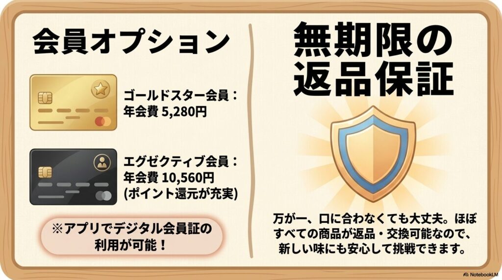2種類の会員オプションと、無期限の返品保証制度の案内。