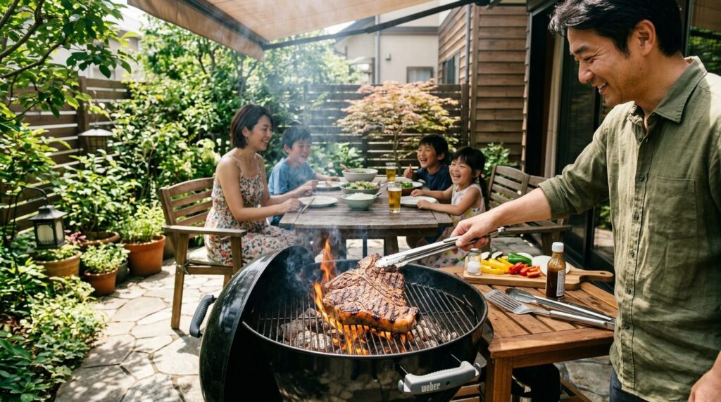炭火グリルで焼かれる大きなTボーンステーキ、日本の家庭の庭でのバーベキュー風景
