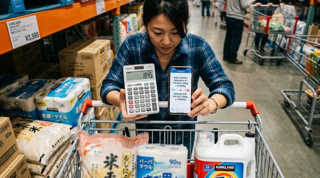 電卓とスマートフォンで単価を比較計算する日本人女性の手元