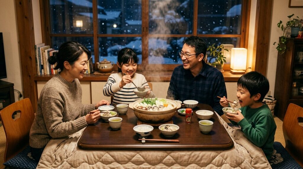 こたつテーブルを囲んで牡蠣鍋を楽しむ日本人家族、温かい冬の夜に安全に調理された海鮮料理を囲む幸せな食事風景
