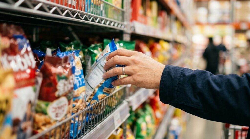 倉庫店の棚から商品を選ぶ日本人男性の手元