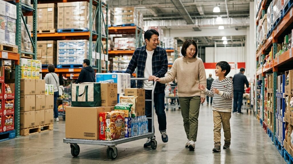倉庫型店舗で買い物をする日本人家族