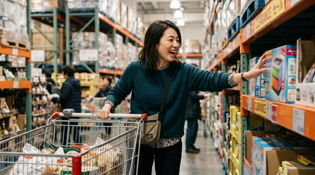お買い得品を見つけて喜ぶ日本人女性買い物客