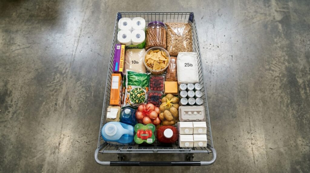 賢く選んだ大容量商品が入った買い物カートの俯瞰図
