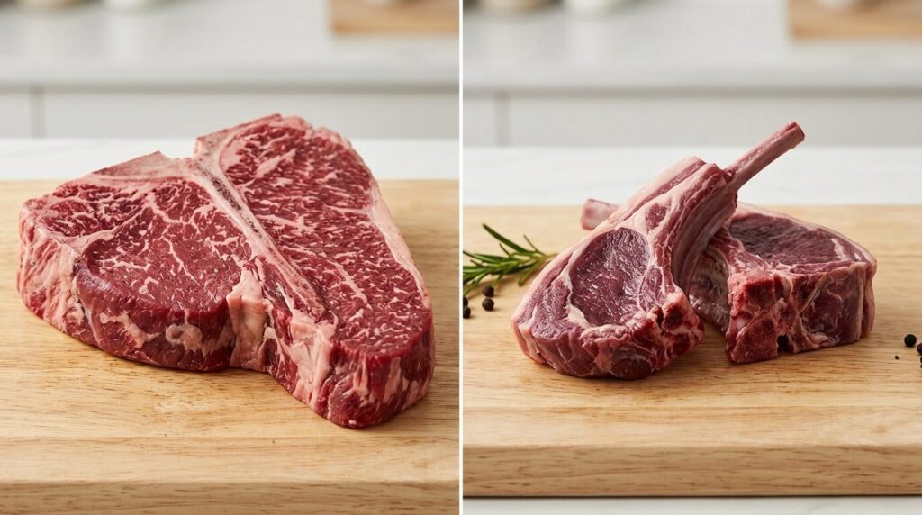 コストコの大型牛肉Tボーンステーキと業務スーパーの小型ラム肉の比較、サイズと肉質の違いを並べて表示