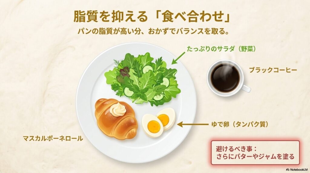 脂質のバランスをとるための、サラダやゆで卵、ブラックコーヒーとの理想的な食べ合わせを提案。