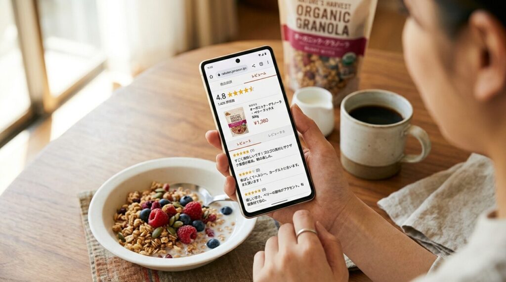  朝食テーブルでスマートフォンの口コミレビューを見る日本人の手、グラノーラとコーヒーのある暮らしのシーン