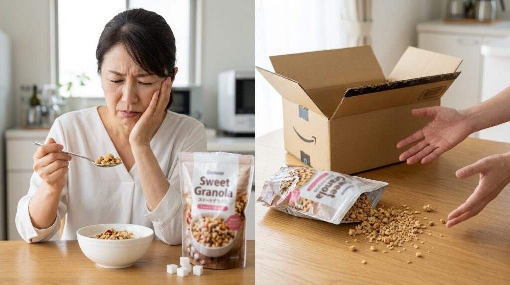 甘すぎるグラノーラと配送中に破損したパッケージの2つの懸念点を示す比較イメージ