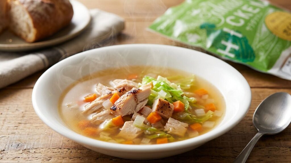 さくらどりサラダチキン入りコンソメスープ、野菜たっぷりの温かいスープ