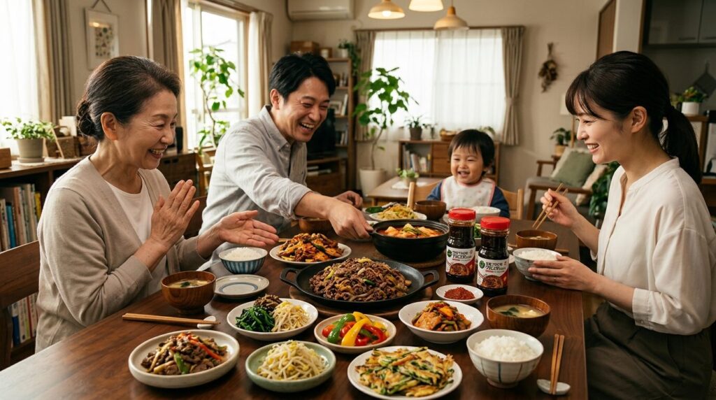 プルコギのタレで作った料理を囲む家族の食卓風景