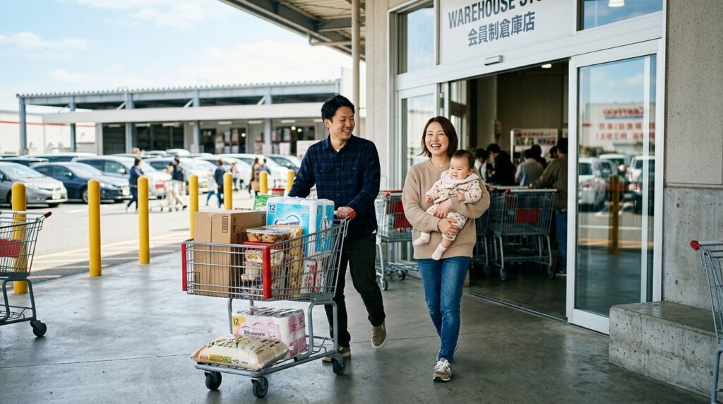 買い物を終えて満足そうに退店する日本人家族