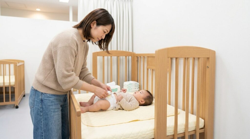 木製ベビーベッドでおむつ替えをする母親