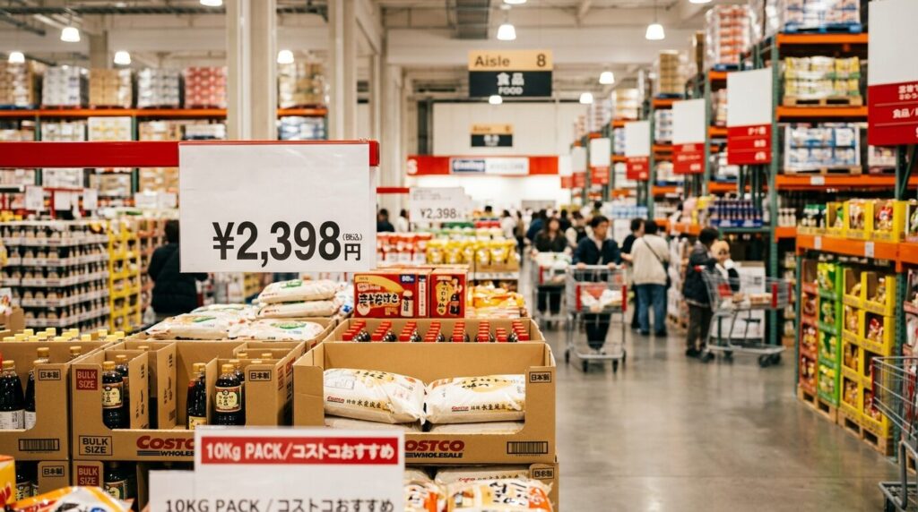 コストコの倉庫店内の価格表示と商品棚の様子