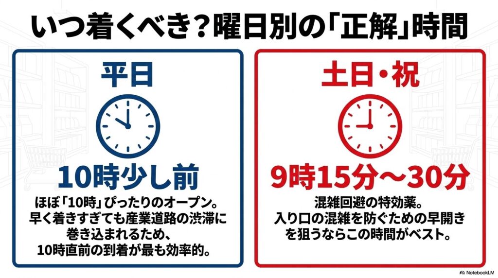 曜日別の最適な到着時間を案内しており、平日は10時直前、土日祝は早開きを狙った9時15分から30分を推奨しています。