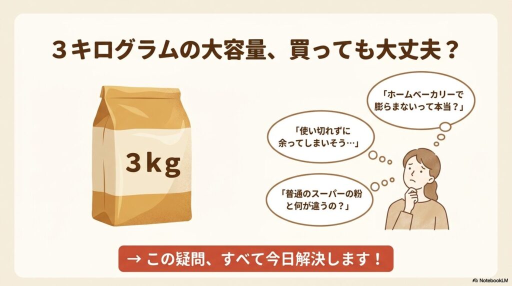 コストコの3kg強力粉の購入に関する、量や品質、使い道についてのよくある疑問を提示。