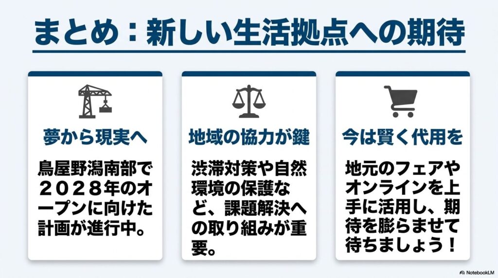 2028年の開業に向けた計画の進行、課題解決の重要性、および開業までの代用策の活用に関するまとめ。