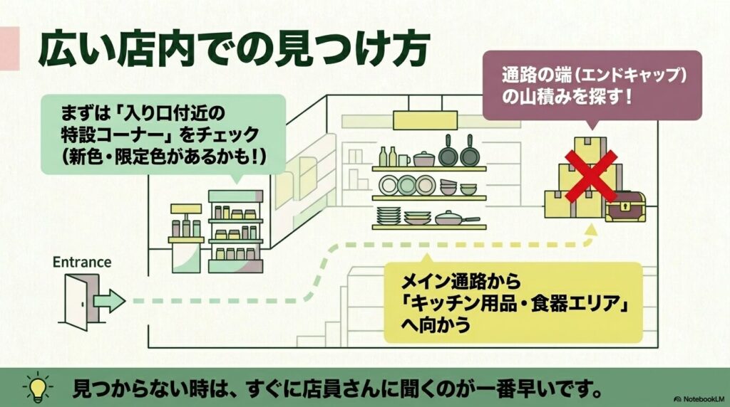 コストコの広い店内でスタンレー水筒を効率よく探すためのルートと場所を解説しています。