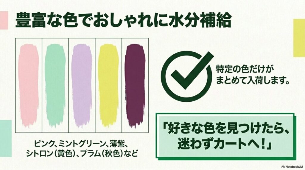 スタンレー水筒の豊富なカラー展開と、好みの色を見つけた際の購入のアドバイスを紹介しています。