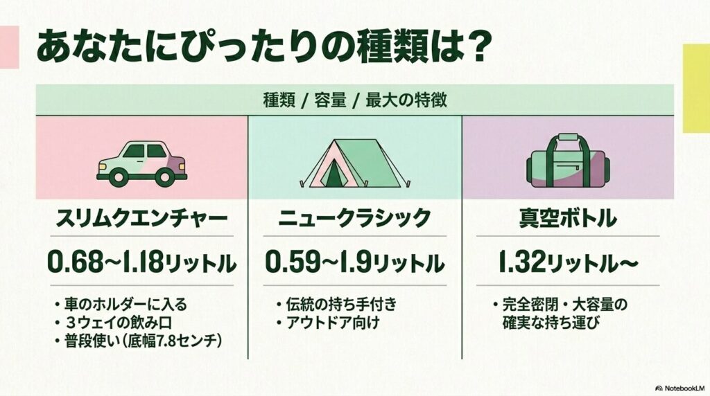 コストコで販売されているスタンレー水筒の3つの主要な種類とそれぞれの特徴を比較しています。
