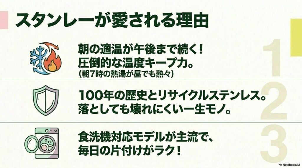スタンレー水筒が愛される3つの理由（保温保冷力、耐久性、食洗機対応）を説明しています。