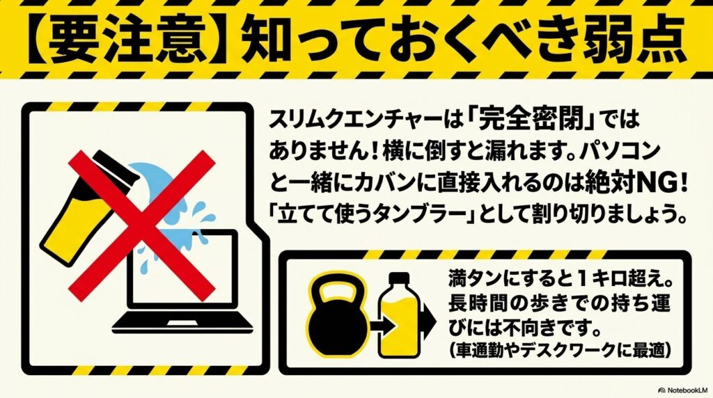 スリムクエンチャーの弱点として、完全密閉ではないことと、重量があることへの注意を促しています。