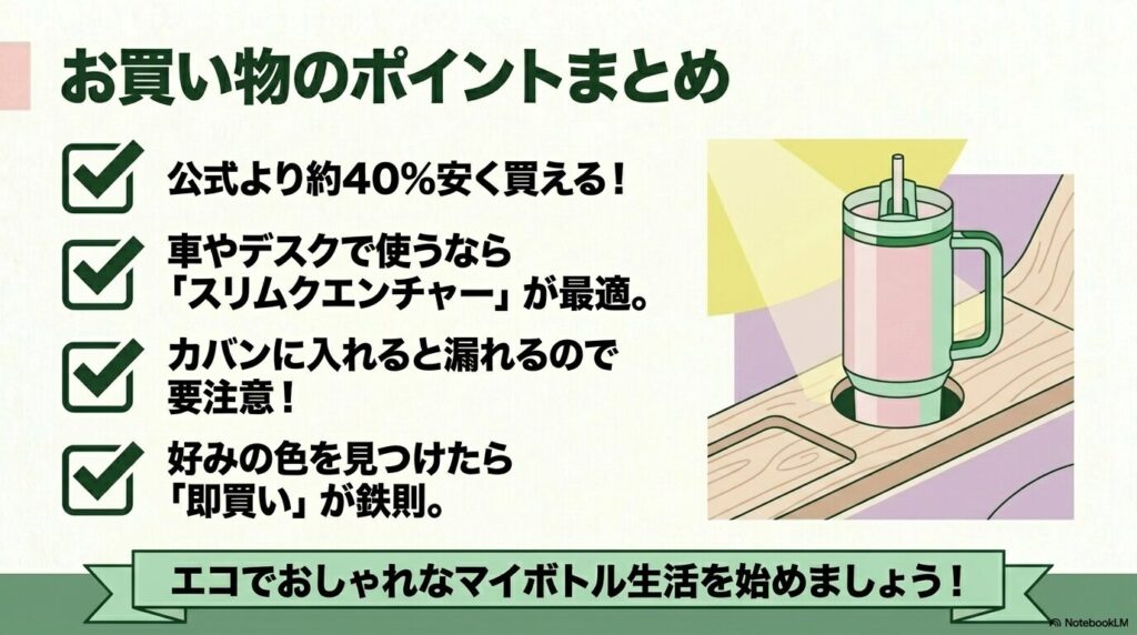 コストコでのスタンレー水筒購入における重要ポイントをまとめた最終スライドです。