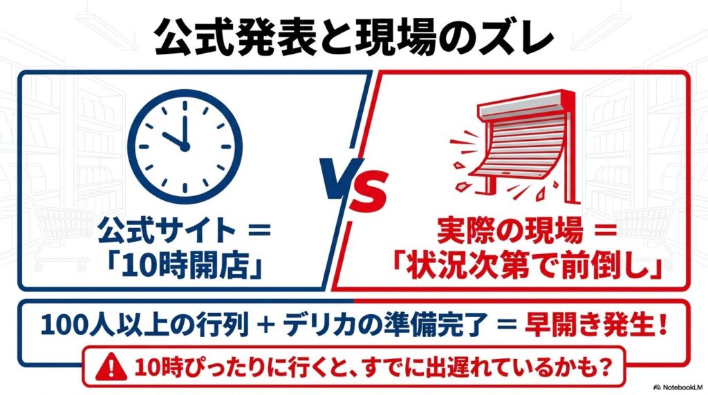 公式サイトの10時開店に対し、現場では混雑状況や準備次第で開店が前倒しになる実態を比較して説明しています。