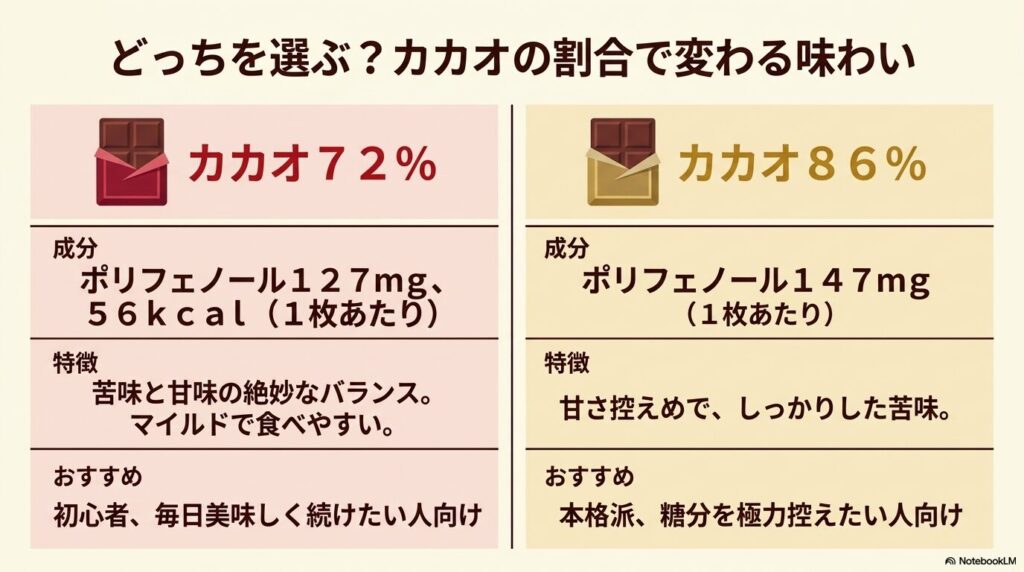 チョコレートの「カカオ72%」と「86%」の成分、特徴、おすすめな人を比較した表。