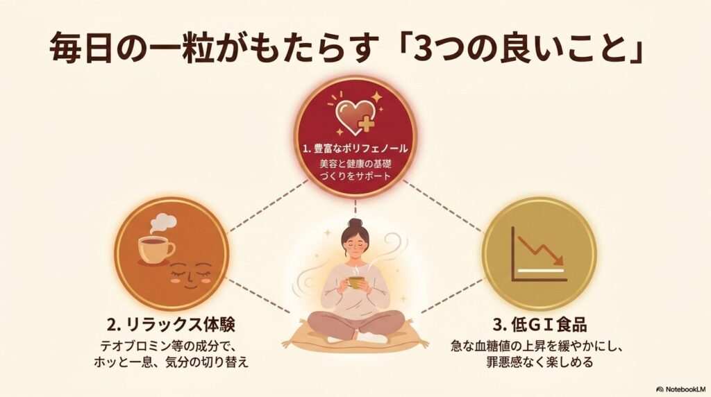 チョコレートの習慣がもたらす3つのメリット（ポリフェノール、リラックス、低GI）の紹介。