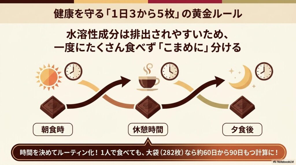 チョコレートを1日3〜5枚、朝・休憩時・夕食後に分けて食べるルーティンと、大袋の持ち具合を説明。