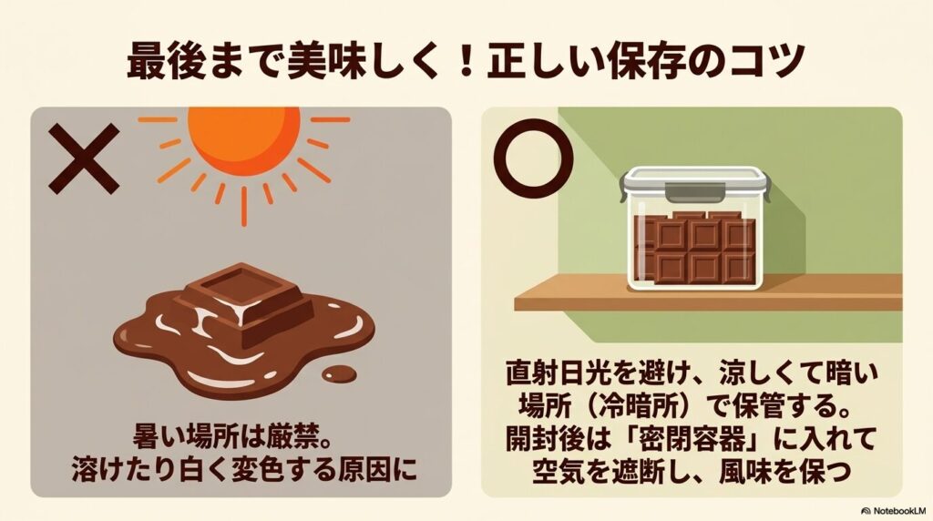 チョコレートの正しい保存方法（直射日光を避ける、冷暗所保管、密閉容器の使用）についての解説。