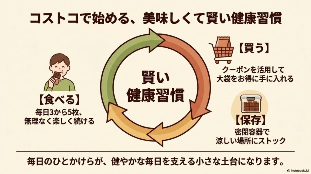 「買う・保存・食べる」の3ステップでコストコのチョコレートを賢い健康習慣にするまとめスライド。