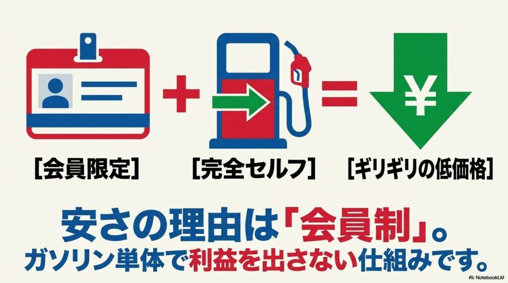 コストコガソリンの安さの理由は、会員制による利益構造と完全セルフ方式にあります。
