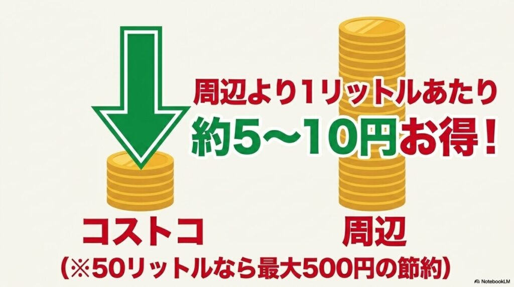 コストコは周辺のガソリンスタンドと比較して、1リットルあたり約5円から10円安くなっています。