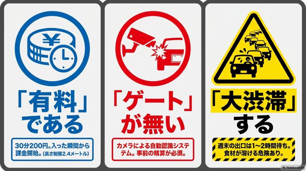 コストコ門真駐車場の3つの大きな注意点である、有料制、ゲートなしの自動認識システム、週末の大渋滞についての解説。