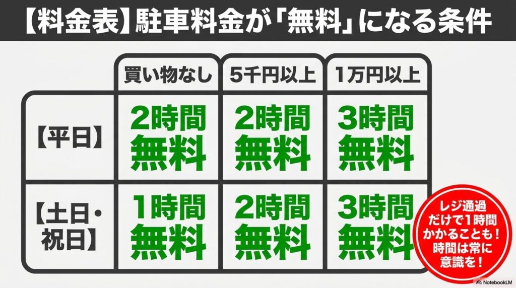 平日と土日祝日ごとの、買い物合計金額に応じた駐車料金の無料サービス時間をまとめた詳細な料金表。