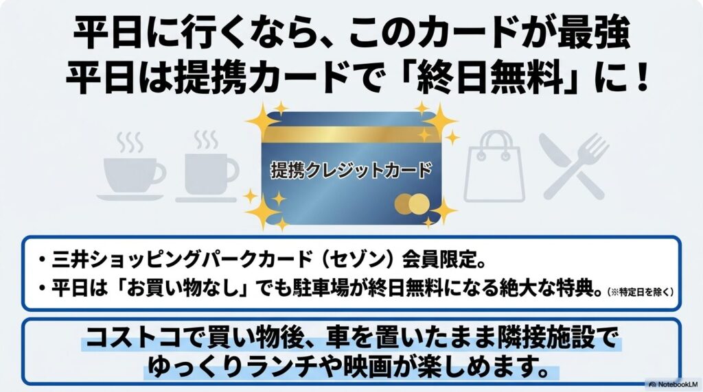 三井ショッピングパークカード（セゾン）会員なら、平日の駐車場利用が「お買い物なし」でも終日無料になる特典の紹介。