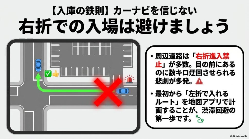入庫時の注意点として、右折進入禁止による迂回を避けるため、最初から左折で進入するルートを計画することを推奨する図解。