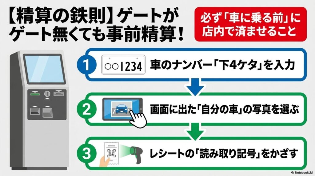 車に乗る前に店内で済ませる必要がある、車両ナンバー入力からバーコード読み取りまでの3ステップの事前精算手順。