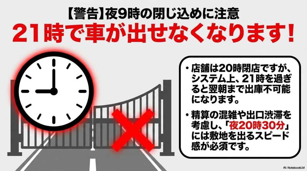 夜21時を過ぎると駐車場が閉鎖され出庫不可能になるため、余裕を持って20時30分までの出庫を促す警告。