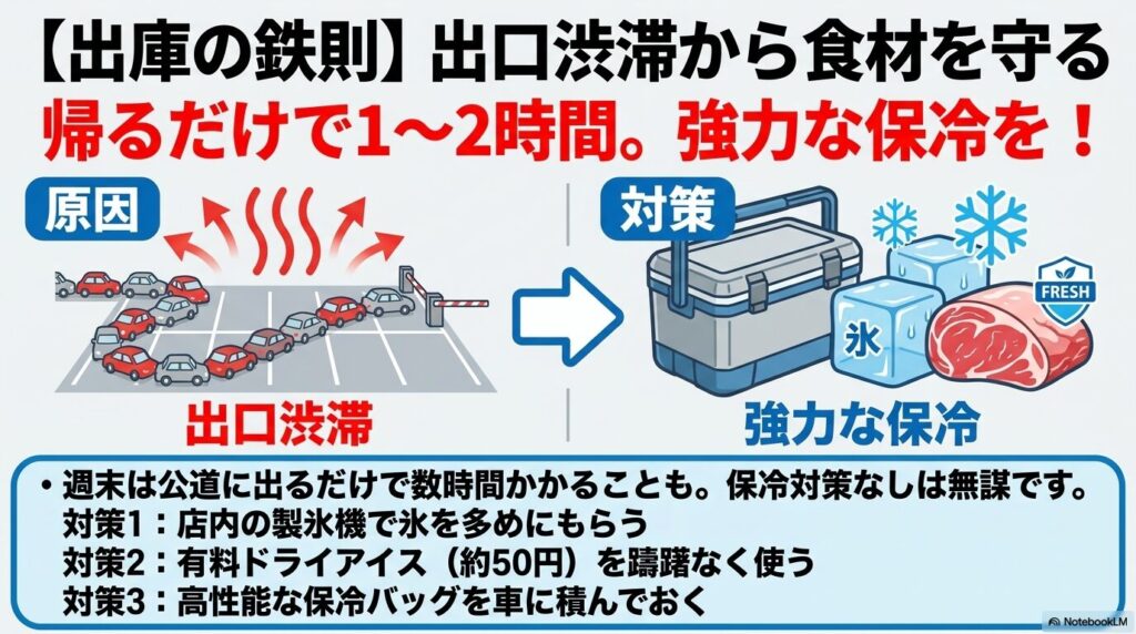 出口渋滞による長時間の拘束に備え、氷やドライアイス、高性能な保冷バッグで食材を守るための具体的な対策。