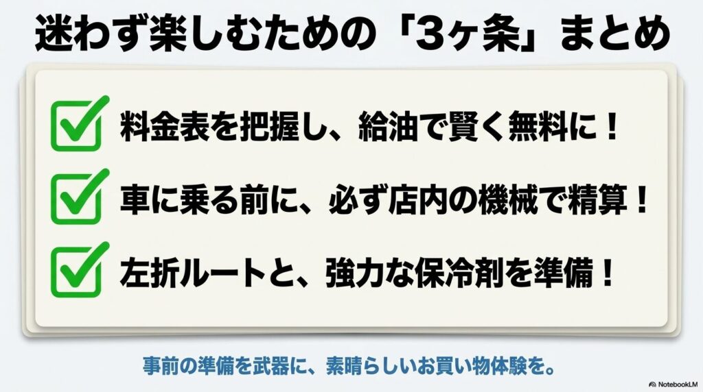 料金把握、事前精算、左折ルートと保冷準備という、コストコ門真の駐車場を賢く利用するための3ヶ条のまとめ。