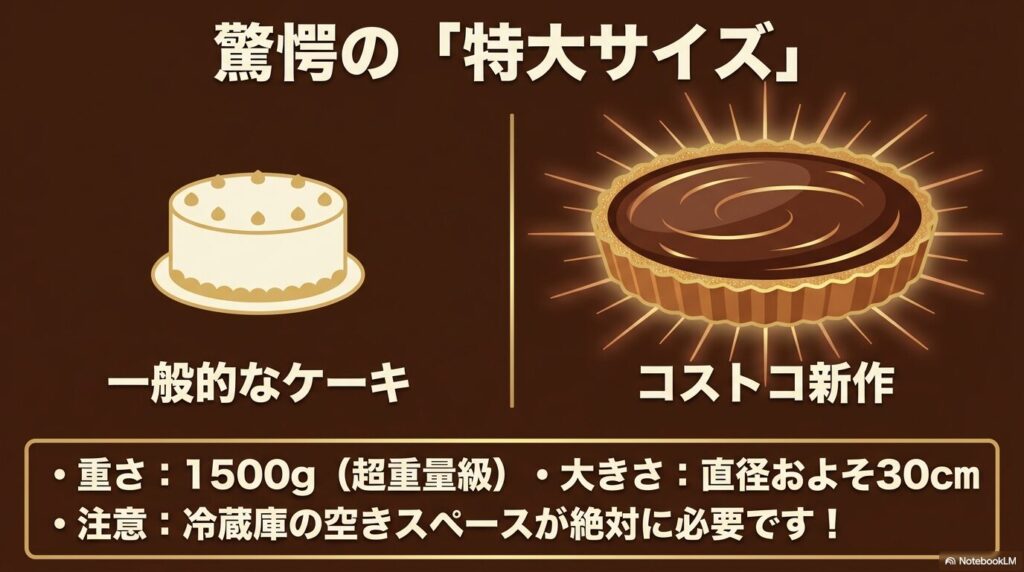 コストコのショコラタルトが直径30cm、重さ1500gという特大サイズであることを、一般的なケーキと比較して説明するスライド。