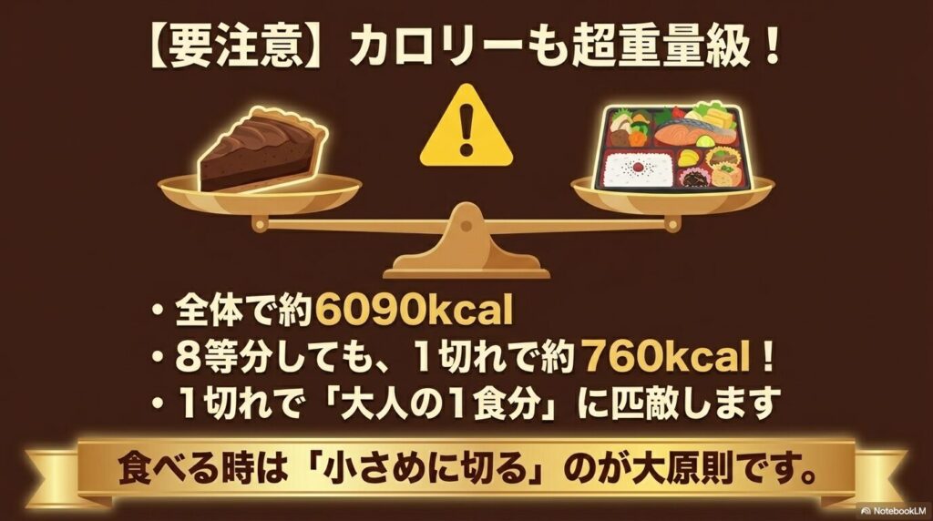 タルト1切れが約760kcalで大人の1食分に相当するため、小さく切って食べることを推奨するスライド。