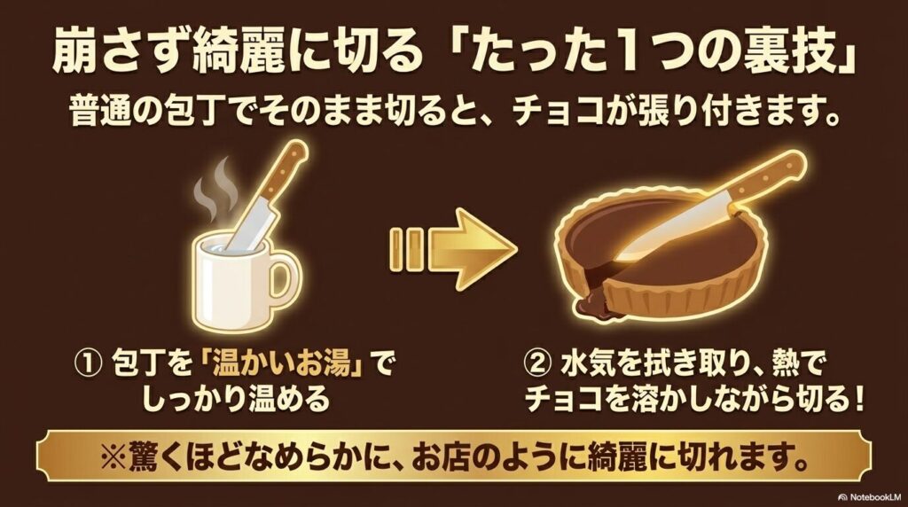 お湯で温めた包丁でチョコを溶かしながら切ることで、断面を綺麗に仕上げる裏技を紹介するスライド。