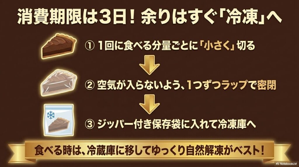 消費期限が3日のため、個別にラップしてジッパー袋に入れ冷凍保存する方法と解凍のコツを説明するスライド。