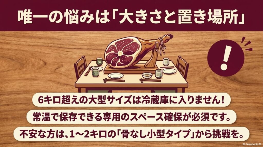 生ハム原木の大きなサイズと保管場所の確保、初心者向けの小型タイプについて解説しています。