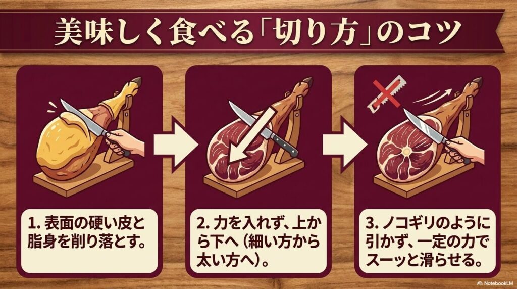 表面の皮を削る、上から下へ切る、ナイフを滑らせるという、美味しく食べるための切り方のコツ3ステップです。