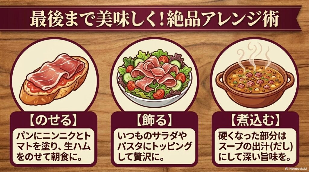 脂身とラップを使った基本の保存方法と、白カビが発生した際のオリーブオイルでの対処法を説明しています。